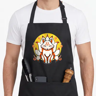 Tablier de cuisine noir avec un renard Kitsune blanc aux tails et flammes oranges sur fond jaune circulaire.