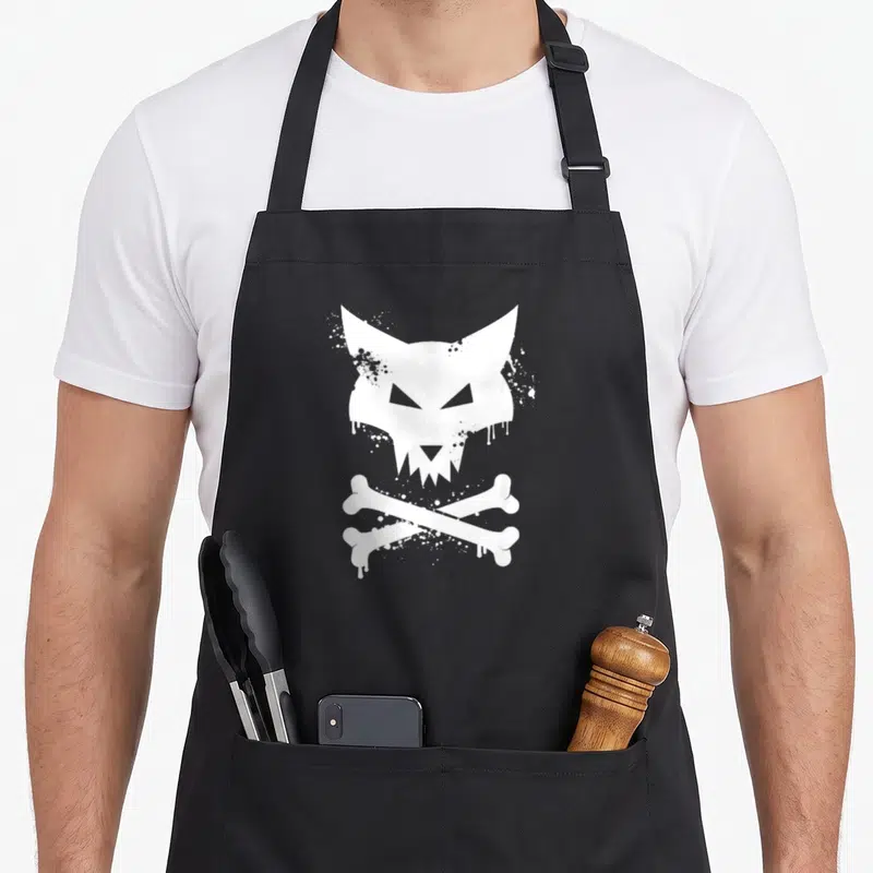 Tablier de cuisine noir avec tête de renard graffiti blanche et os croisés en bas du motif central.