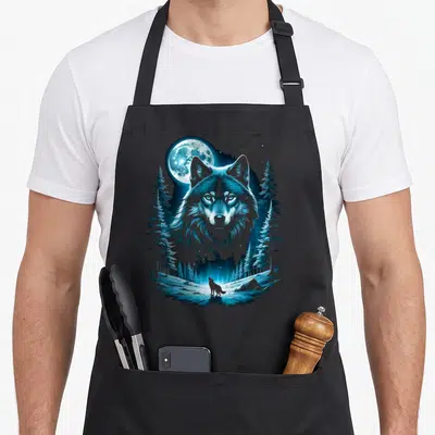 Tablier de cuisine noir avec illustration d'un loup aux yeux bleus sous une pleine lune entouré de sapins.