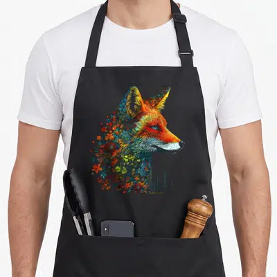 Tablier de cuisine noir avec illustration d'un renard aux yeux bleus composé de fleurs colorées et d'arbres.