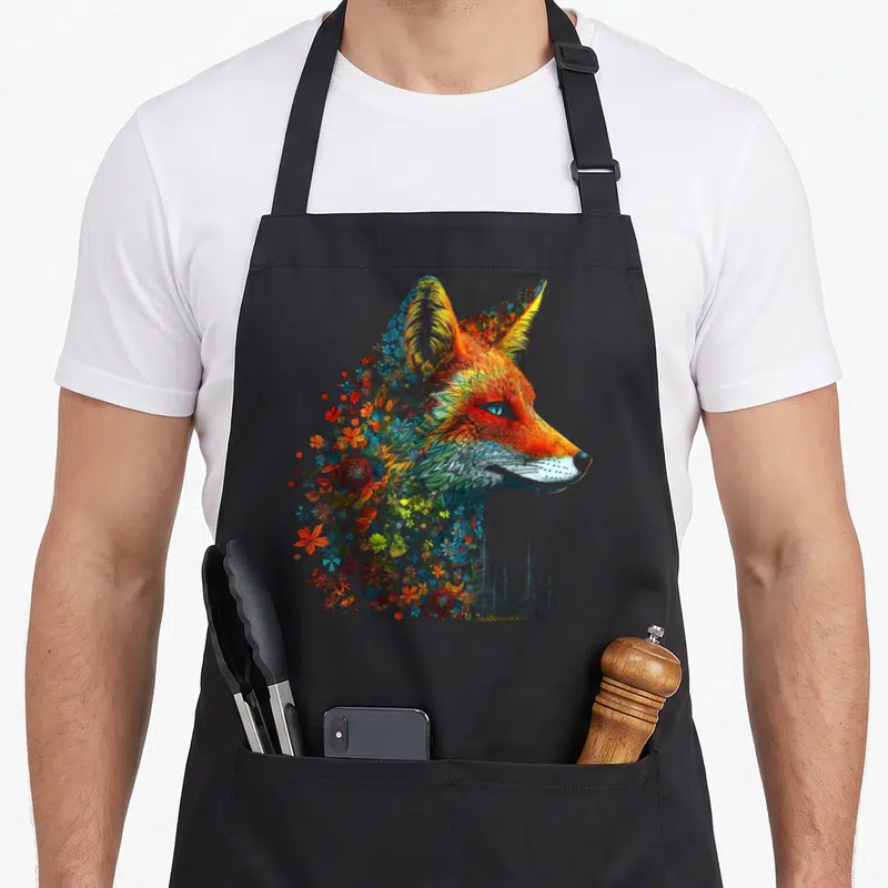 Tablier de cuisine noir avec illustration d'un renard aux yeux bleus composé de fleurs colorées et d'arbres.