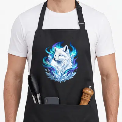 Tablier de cuisine noir avec illustration d'un loup blanc entouré de cristaux et de flammes bleues magiques.