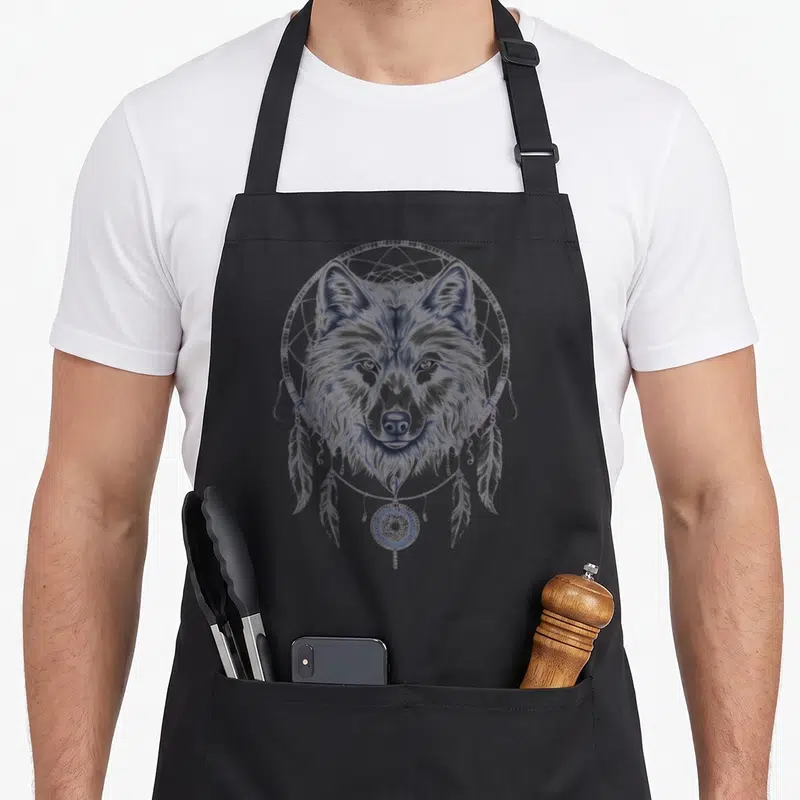 Tablier de cuisine noir avec illustration d'un loup dans un attrape-rêves et des plumes tribales.