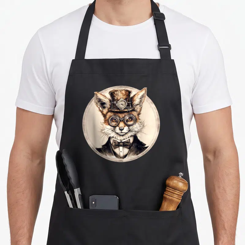Tablier de cuisine noir avec un renard steampunk portant des lunettes et un chapeau haut de forme dans un cercle beige.