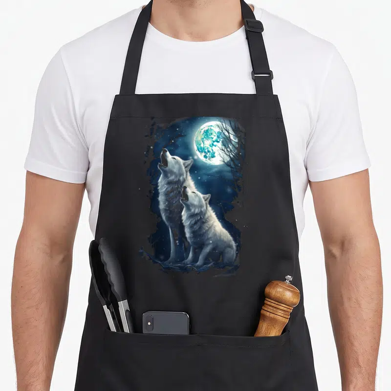 Tablier de cuisine noir avec illustration de deux loups blancs hurlant sous une pleine lune bleue entourée d'arbres nus.