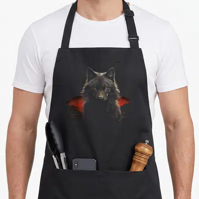 Tablier de cuisine noir avec illustration loup aux yeux orange et ailes rouges stylisées.