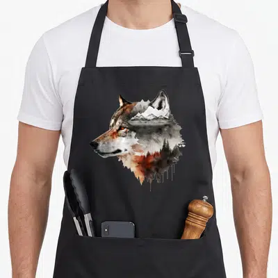Tablier de cuisine noir avec tête de loup stylisée intégrant des montagnes et une forêt en aquarelle.