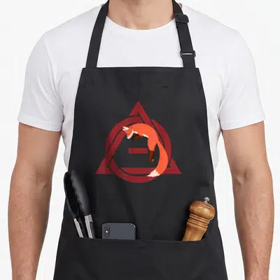 Tablier de cuisine noir avec illustration d'un renard sautant dans un triangle valknut rouge.