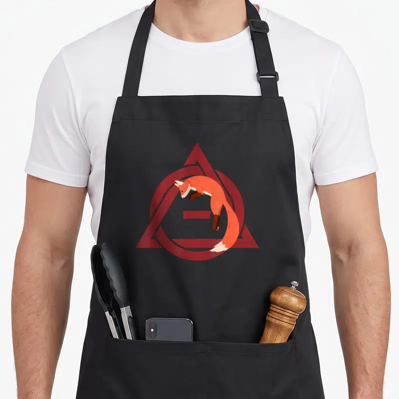 Tablier de cuisine noir avec illustration d'un renard sautant dans un triangle valknut rouge.