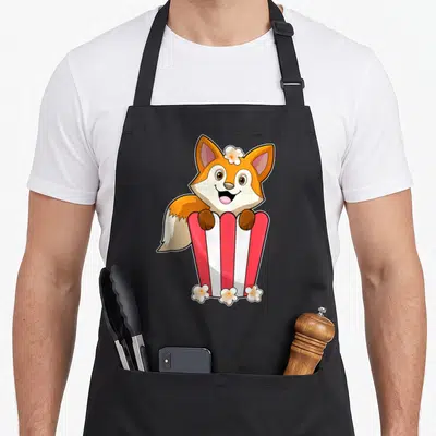 Tablier de cuisine noir avec un renard cartoon dans une barquette de popcorn rouge et blanche
