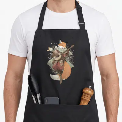 Tablier de cuisine noir avec illustration d'un renard bardique jouant de la luth, vêtu d'une cape verte et de pantalons roses.
