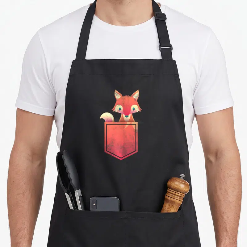 Tablier de cuisine noir avec un renard orange émergeant d'une poche rouge stylisée.