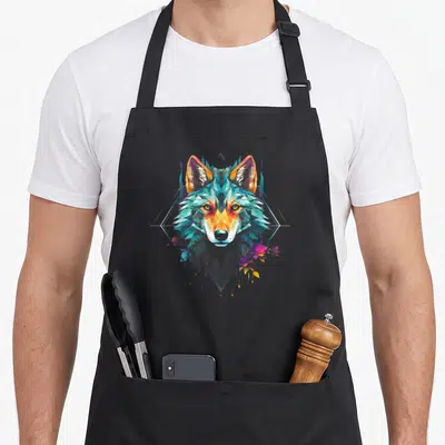 Tablier de cuisine noir avec un loup stylisé en facettes géométriques multicolores et des fleurs.