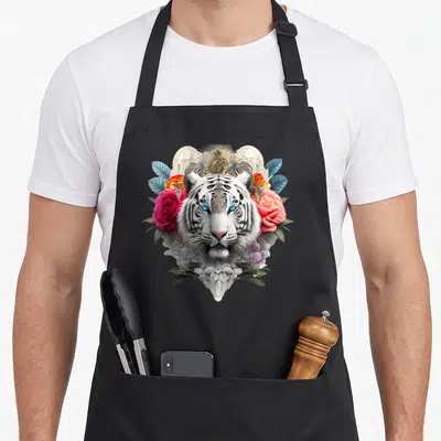 Tablier de cuisine noir avec tête de tigre blanc aux yeux bleus encadrée de roses et motifs artistiques symétriques.