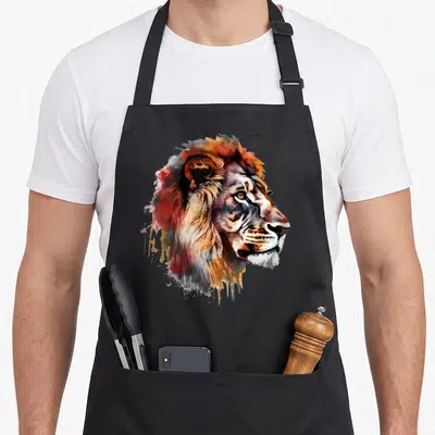 Tablier de cuisine noir avec une tête de lion peinte à l'aquarelle aux couleurs chaudes et aux coulures artistiques.