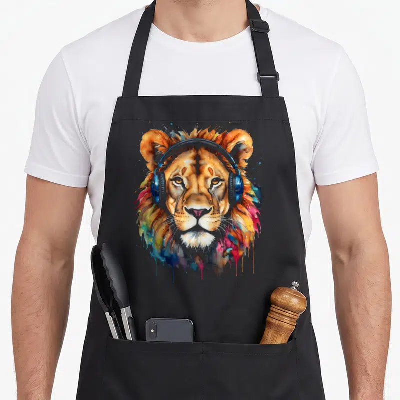 Tablier de cuisine noir avec un lion aux couleurs vives portant des écouteurs bleus et une mane stylisée en aquarelle.