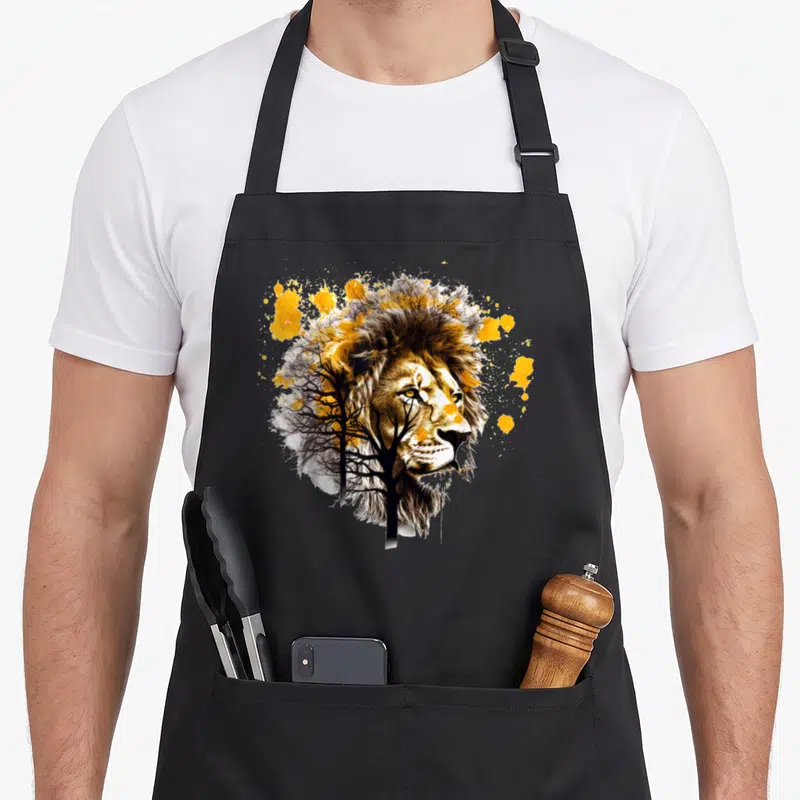 Tablier de cuisine noir avec un lion stylisé et des arbres noirs sur fond doré et blanc.