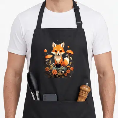 Tablier de cuisine noir avec un renard orange assis entre des champignons rouges et des fleurs sauvages dans un style kawaii.