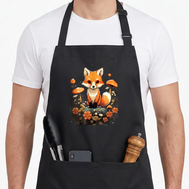 Tablier de cuisine noir avec un renard orange assis entre des champignons rouges et des fleurs sauvages dans un style kawaii.
