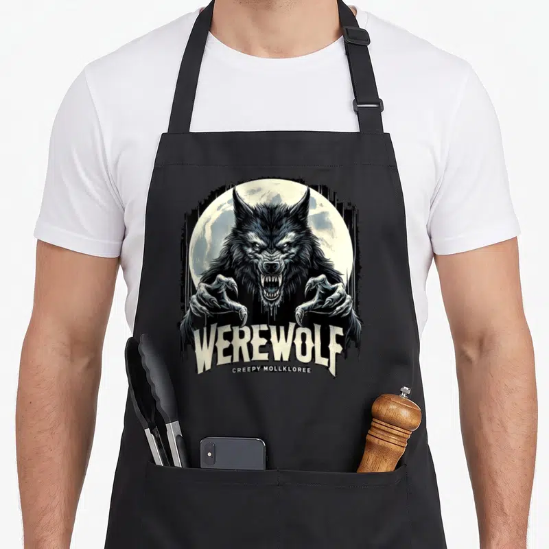 Tablier de cuisine noir avec illustration d'un loup-garou menaçant et du texte WEREWOLF CREEPY MOLLKLOREE.