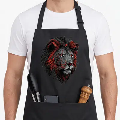 Tablier de cuisine noir avec tête de lion stylisée en polygones noirs et rouges aux yeux perçants.