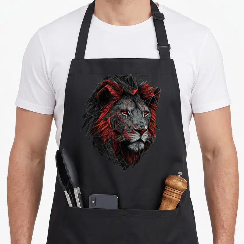Tablier de cuisine noir avec tête de lion stylisée en polygones noirs et rouges aux yeux perçants.