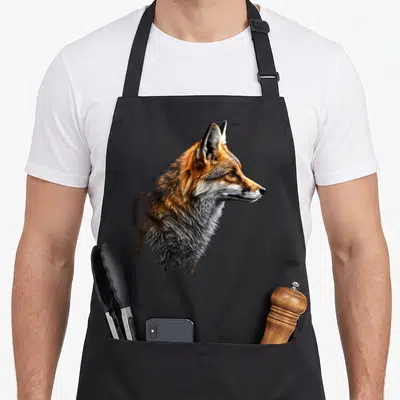 Tablier de cuisine noir avec illustration réaliste de profil de renard aux teintes roux et gris, détails de fourrure fins.
