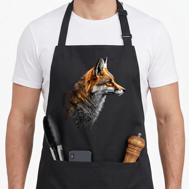 Tablier de cuisine noir avec illustration réaliste de profil de renard aux teintes roux et gris, détails de fourrure fins.