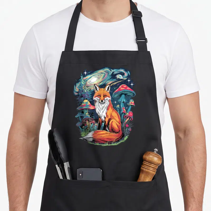 Tablier de cuisine noir avec un renard orange assis parmi des champignons colorés sous une galaxie tourbillonnante.