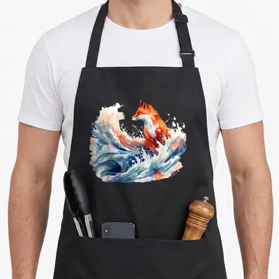 Tablier de cuisine noir avec illustration d'un renard sur une vague bleue et blanche style aquarelle.