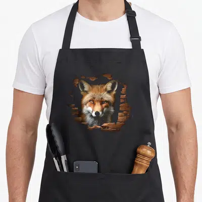 Tablier de cuisine noir avec tête de renard réaliste émergeant d'un mur de briques brisées.