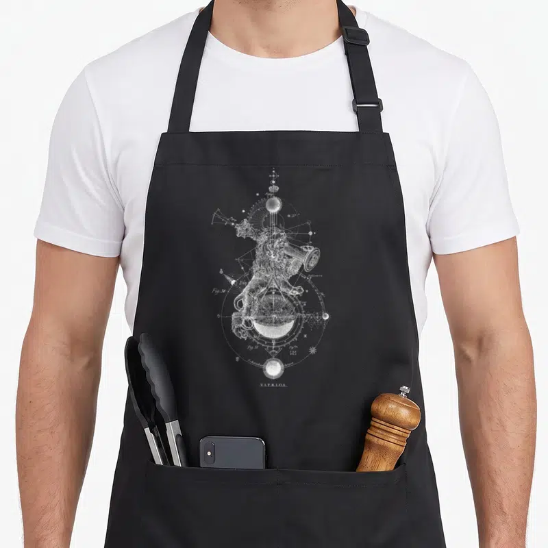 Tablier de cuisine noir avec illustration blanche d'un lion tenant un télescope entouré de schémas astronomiques et de symboles ésotériques.