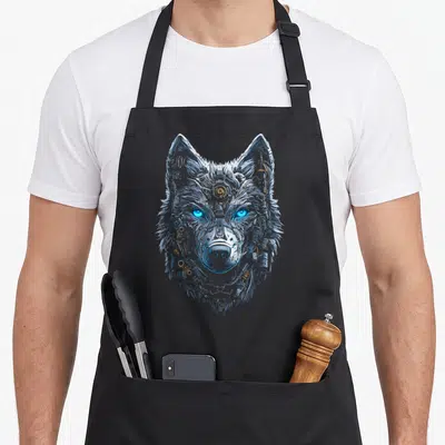 Tablier de cuisine noir avec tête de loup stylisée en éléments métalliques et mécaniques aux yeux lumineux bleus vifs.
