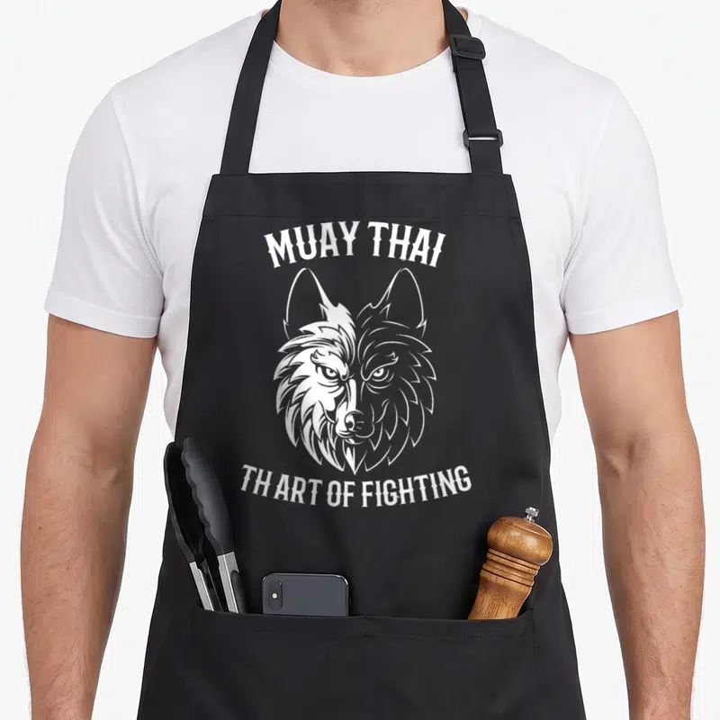 Tablier de cuisine noir avec tête de loup bicolore et texte Muay Thai en blanc sur fond uni.