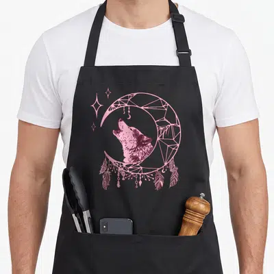 Tablier de cuisine noir avec un loup hurlant sous une lune en forme d'attrape-rêves ornée de plumes roses.