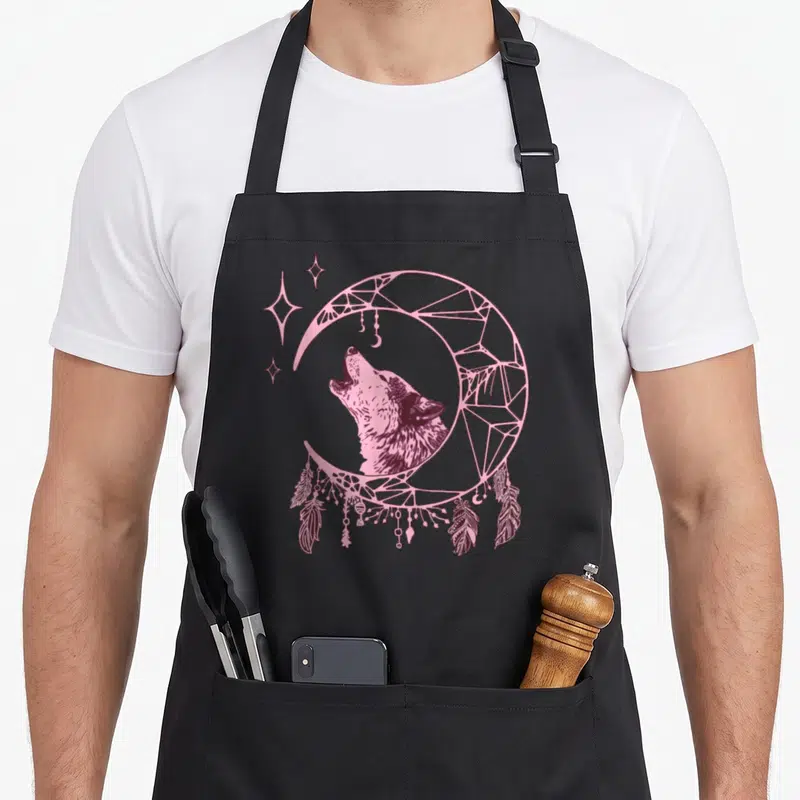 Tablier de cuisine noir avec un loup hurlant sous une lune en forme d'attrape-rêves ornée de plumes roses.