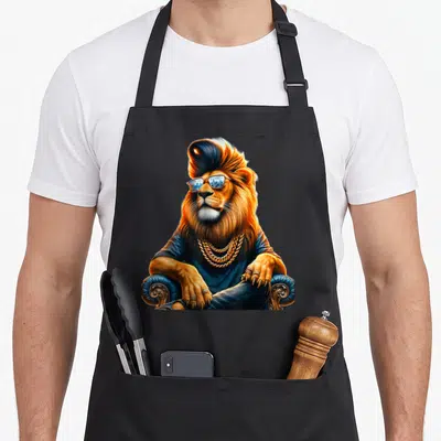 Tablier de cuisine noir avec illustration d'un lion au style rap aux couleurs dorées et bleues.