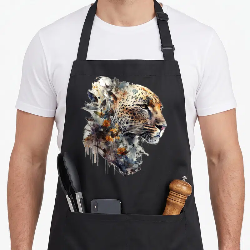 Tablier de cuisine noir avec une illustration artistique représentant un léopard aux couleurs douces et des motifs floraux intégrés.