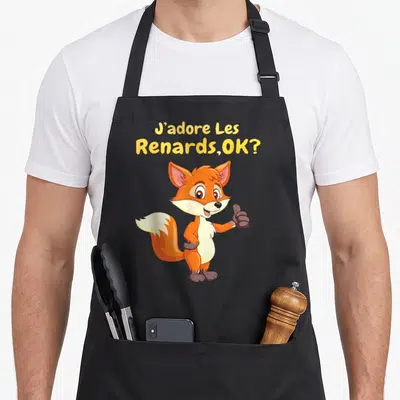 Tablier de cuisine noir avec illustration d'un renard orange souriant et texte jaune J'adore Les Renards OK.