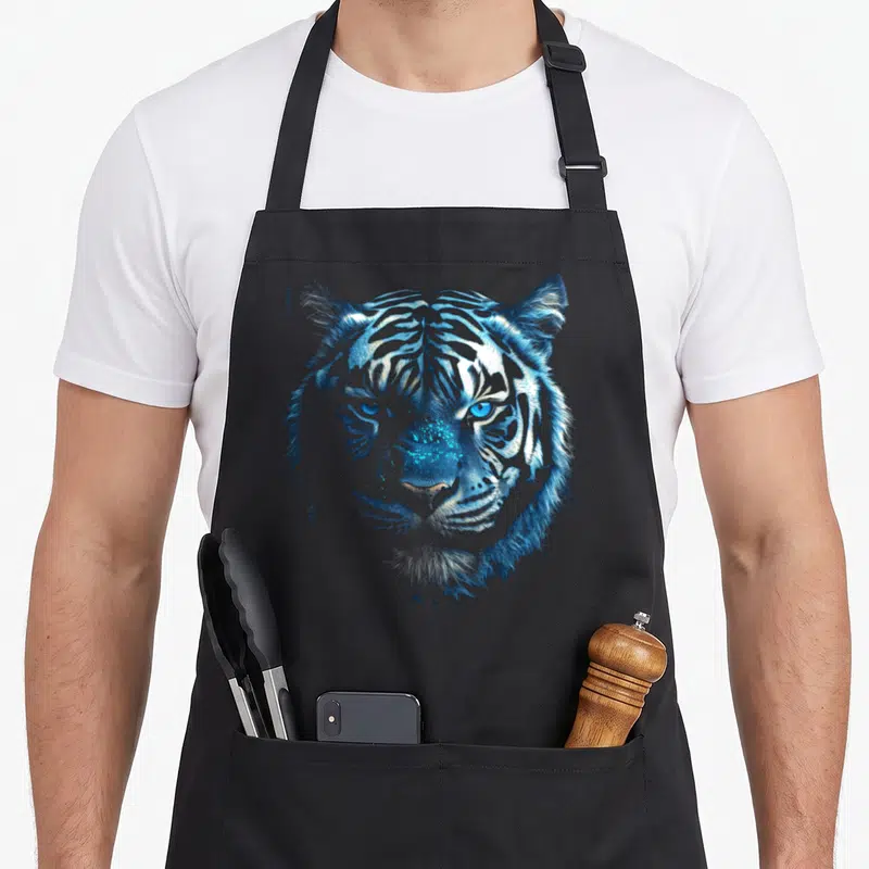 Tablier de cuisine noir avec illustration stylisée d'un tige aux yeux bleus vifs et au museau texturé.