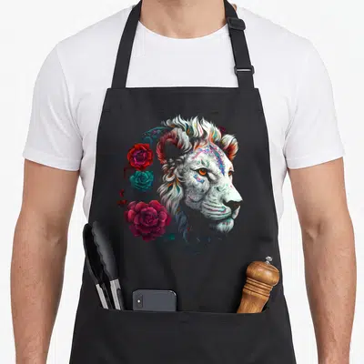 Tablier de cuisine noir avec tête de lion stylisée entourée de roses rouges et de motifs floraux bleus et orange.