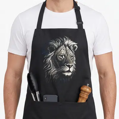 Tablier de cuisine noir avec tête de lion blanc dessinée au trait fin et regard intense.
