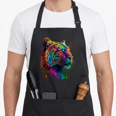 Tablier de cuisine noir avec tête de tige aux couleurs vives et style artistique abstrait.