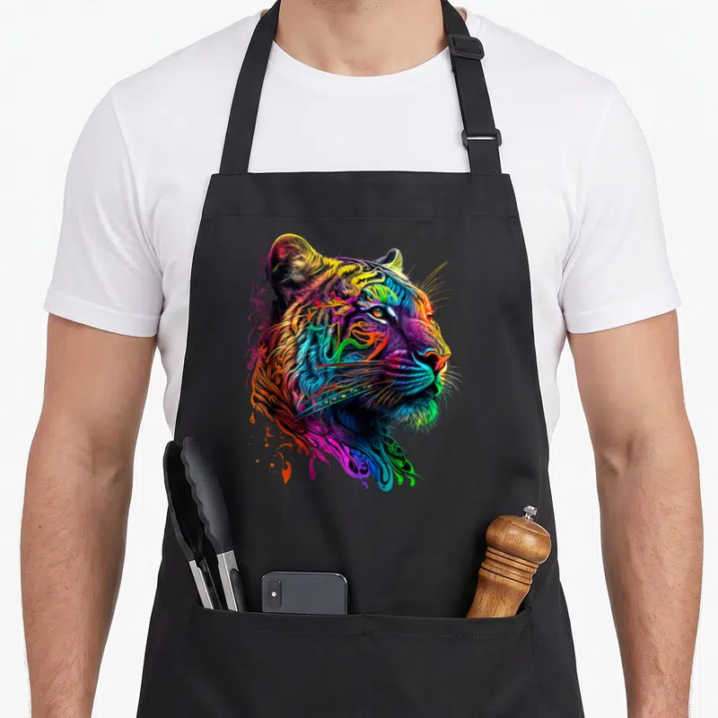 Tablier de cuisine noir avec tête de tige aux couleurs vives et style artistique abstrait.