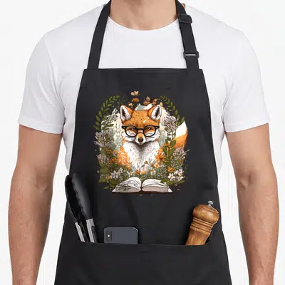 Tablier de cuisine noir avec illustration d'un renard aux lunettes entouré de fleurs et d'un livre ouvert.