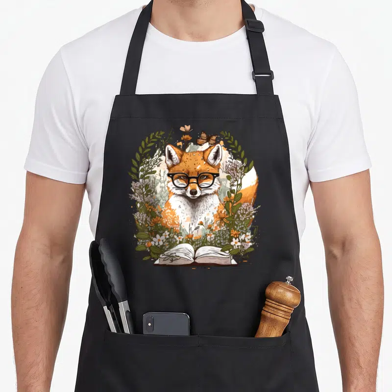 Tablier de cuisine noir avec illustration d'un renard aux lunettes entouré de fleurs et d'un livre ouvert.
