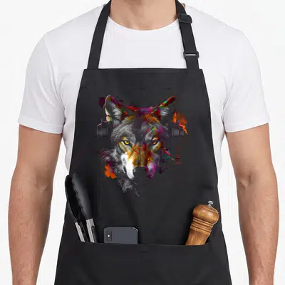 Tablier de cuisine noir avec illustration colorée d'un loup aux yeux jaunes portant un casque audio.