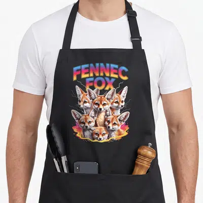 Tablier de cuisine noir avec six têtes de renards fennecs et le texte FENNEC FOX en dégradé rétro.
