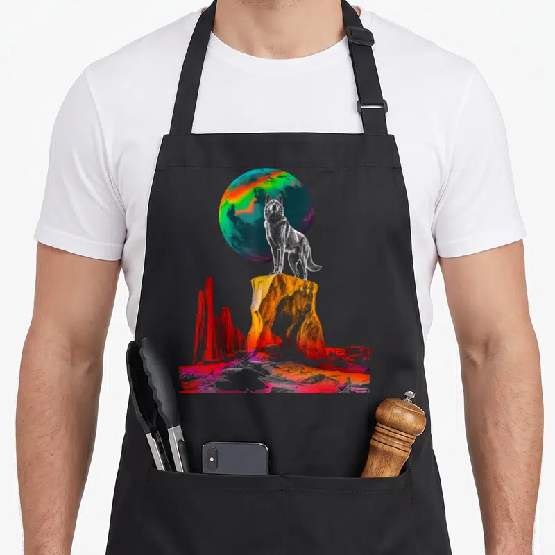 Tablier de cuisine noir avec illustration d'un loup blanc sur un rocher sous une lune colorée.