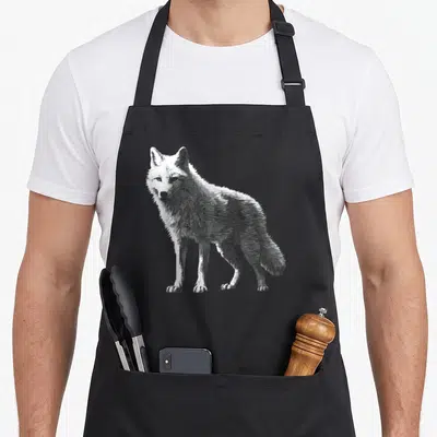 Tablier de cuisine noir avec un loup blanc en pixels et des yeux rouges, style animal art motif.